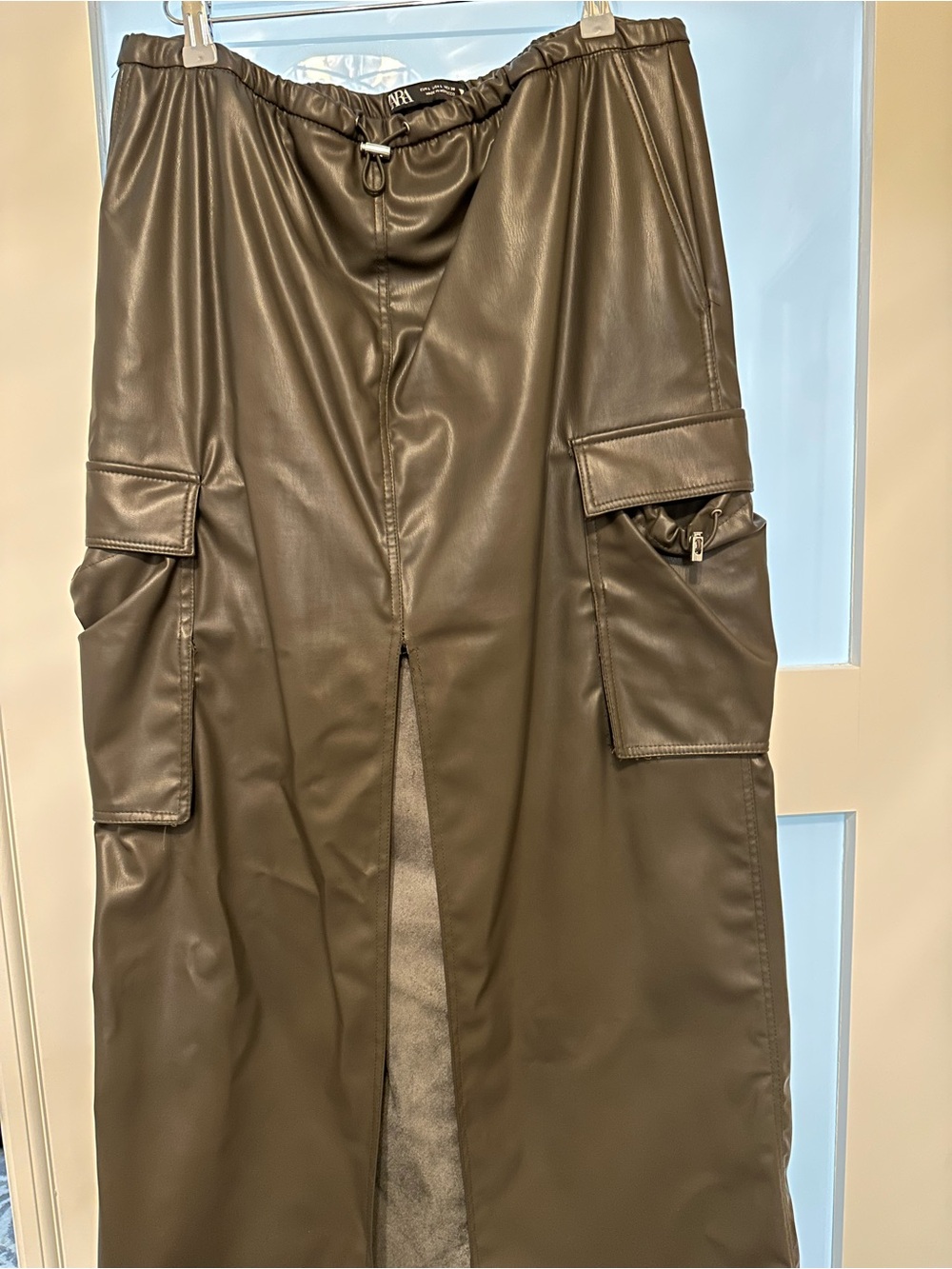 Pre loved ZARA Faux Leather Cargo Maxi Skirt in Dark khaki